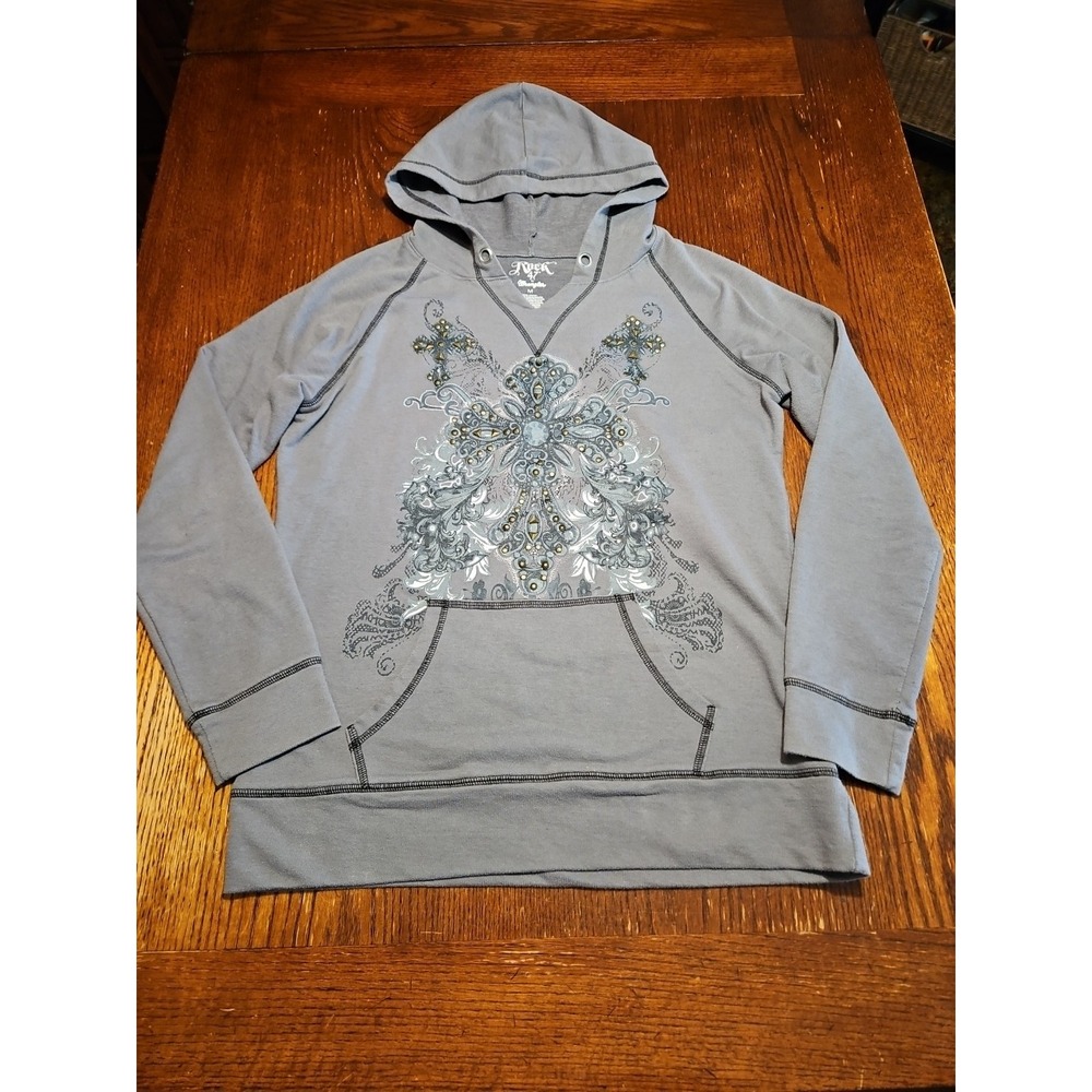 Rock‎ 47 By Wrangler Womens Medium Hooded Sweatshirt Gray/design & Studs (A917)